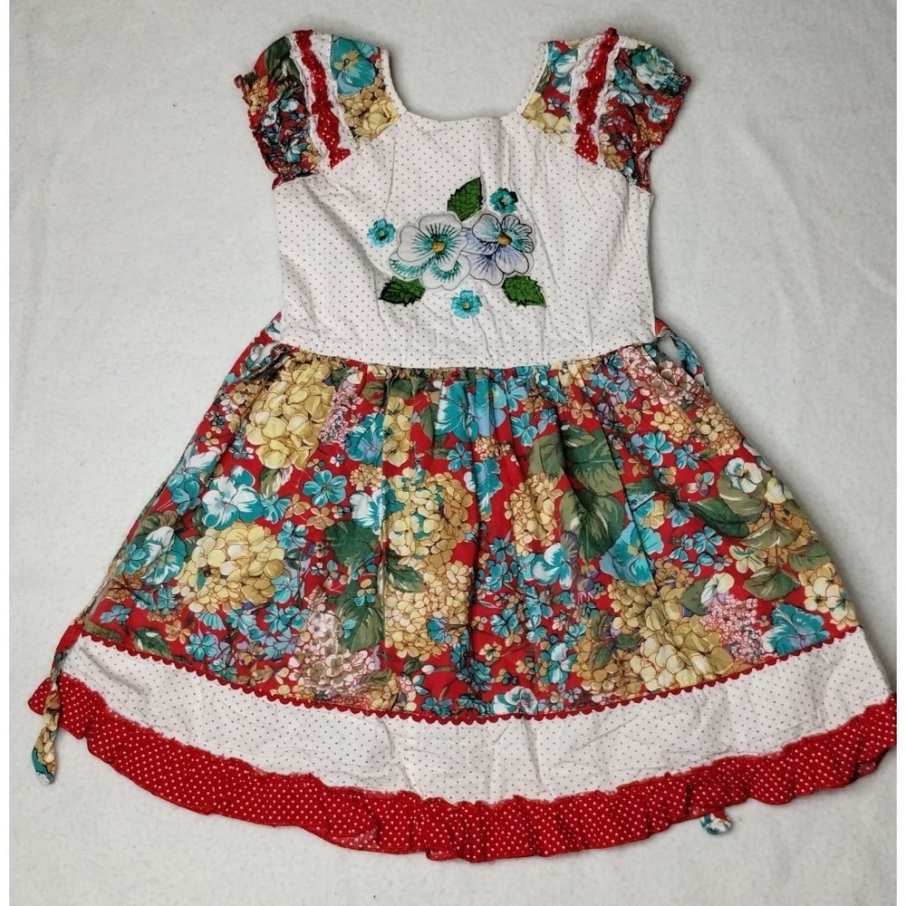 Vintage Floral Girls Dress Cottagecore Polka‎ Dot Ruffle Trim Summer Kids Size 6